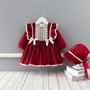 Inverno desgaste bebê meninas roupas de natal conjunto crianças vestidos engrossar vestido de veludo com chapéu para o ano 0-4T 211231