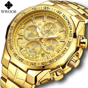 WWOOR Gold Watch Men Top Brand Luxury Big Sports Watches For Men Quartz Waterproof Chronograph WristWatch Man Relogio Masculino