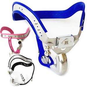 Stainless Steel Male Blue Chastity Device Model-T Adjustable Curve Waist Belt Cock Cage with Plug BDSM Sex Toys