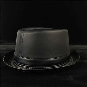 100% couro balck homens carne de porco chapéu para papai fedora chapéu fascião cavalheiro liso jojeiro porkpie jazz chapéu tamanho s m l xl q0805