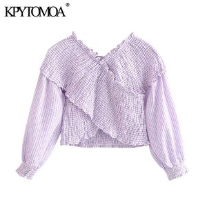KPytomoa Kvinnor Sweet Fashion Smocked Elastic Asymmetric Cropped Blueses Vintage V Neck Långärmad kvinnliga skjortor Chic Topps 210401