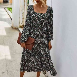 Ruffles Vintage A-Line Print Full Midi Dress Kvinnors Retro Square Collar Floral Tryckt Klänning För Kvinnor Vestidos De Fiesta 210508