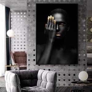 Menina negra decorativa moderna Pôsteres Pinturas de lona para sala de estar, quadro de parede da parede impressões de lona sem