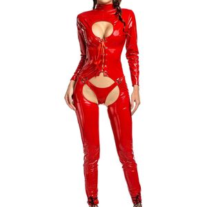 Catsuit Costumes Women Open Crotch Bodysuit Shiny Wetlook Faux Leather Catsuit Sexy Bodysuits Long Sleeve Crotchless Open Butt Leo348D