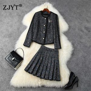 Runway Designers Höst Vinter Långärmad Sequined Tweed Woolen Jacka och Pleated Skirt Suit 2 Piece Clothing Sets Kvinnor 210601