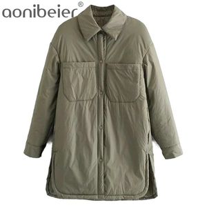 Aoniberier Za Traf Parkas Femininas Finas Camisa de Oversize Casacos Femme ArmyGreen Casaco Outono Inverno Outerwear Outfit Bolso Big 211014