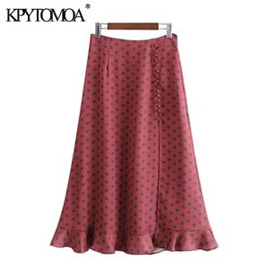 Kobiety Chic Moda Z Przyciskami Polka Dot Wzburzyć Spódnica Midi Wysoka Talia Powrót Zipper Kobiet Spódnicy Mujer 210420