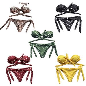 Damen-Bademode, Damen-Bikini-Set, sexy, schlichter Polka-Dot-Druck, Riemen, drei Punkte, Neckholder, Tanga, Badeanzug