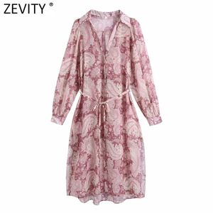 Mulheres vintage castanha de caju cópia lateral split chiffon camisa vestido feminino chique totem floral faixas de negócios vestido ds8273 210416