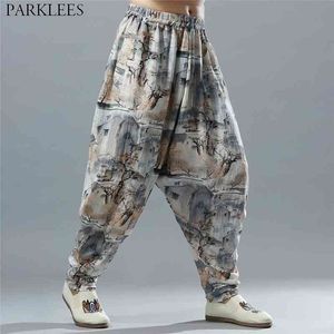 Mens Baggy Cotton Linen Harem Pants Printed Chinese Casual Trouser Male Japanese Vintage Wide Leg Jogger Pants Men Pantalone XL 210522