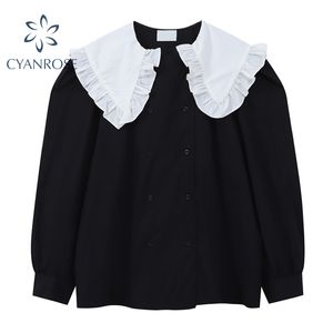 Black Blouse Women Tops Peter Pan Collar Retro Korean Lantern Long Sleeve Baggy Elegant Shirt Casual Double Breasted Blusas 210417