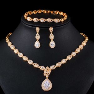 CWWZircons Luxury Cubic Zirconia 585 Gold Water Drop Earring Necklace Bracelet Wedding Party Costume Bride Jewelry Sets T402 H1022