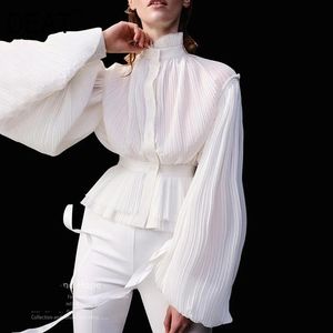 Women Black Perspective Pleated Blouse Half Collar Long Sleeve Loose Fit Shirt Fashion Tide Spring Autumn 3D01686 210421