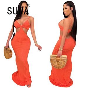 Cintura de cintura cortada verão longo maxi vestido mulheres sexy espaguete cinta aberta volta chão comprimento robe elegante bodycon mermiad vestido 210525