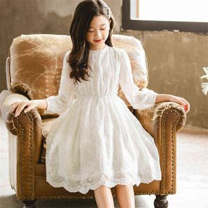 Kids Dresses Teenage White Wedding Party Lace Girl Dress Long Sleeve Children Carnival Spring Autumn 6 8 10 12 14 16 Years G1218