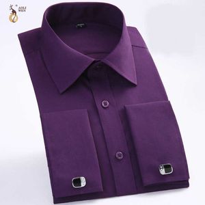 AOLIWEN Erkekler Fransız Elbise Gömlek Kol Düğmeleri ile Flanel Uzun Kollu Erkekler Için Yüksek Kaliteli Akıllı Rahat Gömlek İlkbahar ve Sonbahar 210708