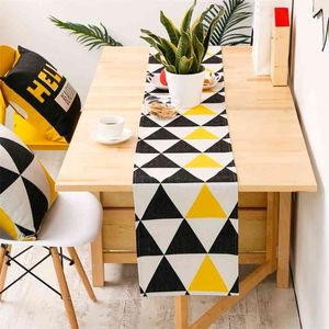 DUNXDECO Table Runner Long Cover Fabric Modern Yellow Black Triangle Geometric Cotton Blend Mat Home Decoration 210708