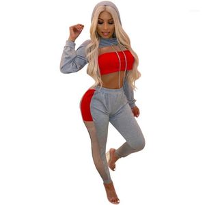 Malha Retalhos Cor Preto Tracksuit Mulheres Casual Manga Longa Crop Top com Capinha Calças Set Terno Feminino Sport Set1