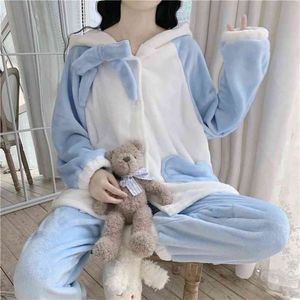 Kawaii Giyim Sevimli Bunny Pijama Kadınlar Için Loungewear Kış Flanel Pijamas Gevşek Rahat Kadife Üstleri Pijama Kadın PJ Set 210809