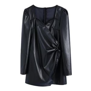 Casual Kleider Schwarz PU Leder Kreuz Spitze Up Frauen Wrap Kleid Weibliche Lange Hülse Kleidung Dame Lose Vestido D8886