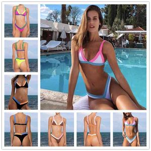 Girls Bikini Set Sexy Brasileiro Swimsuit Pequeno Copo Alto Corte Estilo Praia Biquini Preto / Branco Splice Swimwear Thong Bikinis 210629