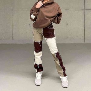 Patchwork Burr Skinny Straight Leg Jeans Woman Hip Hop High Waist Denim Pants Sexy White Black Color Block Vintage Streetwear 210517