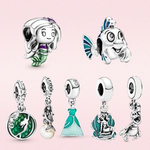 925 STERLING Gümüş Küçük Deniz Kızı Ariel Prenses Sebastian Sebastian Charm Diy Fit Pandora Bilezik Kolye Kadınlar için Hediye Orijinal Çanta