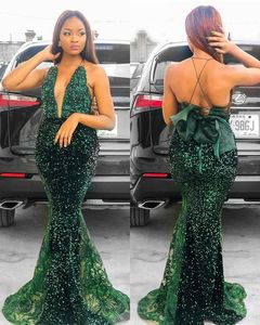 Green 2021 Dark Prom Dresses Sexy Backless Plunging V Neck Beaded Lace Floor Length Custom Made Plus Size Evening Party Gown Formal Ocn Wear Vestidos estidos