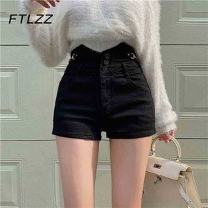 Koreanische Chic Denim Shorts Frauen Dünne Dünne Hohe Taille Jeans Kurze Hosen Frau Streetwear Button Fly Schwarz 210525