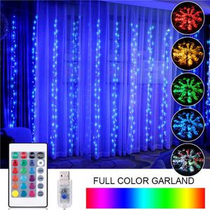 RGB LED-sträng gardin krans ljus usb full färg ledd för julår bröllopsfest sovrum hemlampor dekoration 211015