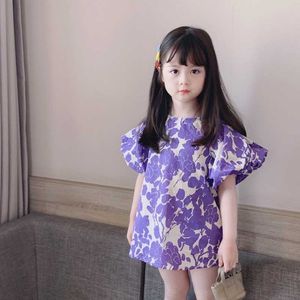 2021 Spring and Summer New Purple Flower Dress Big Short Bubble Sleeve Fashion Dresses Toddler Children Cotton Princess Dress Q0716