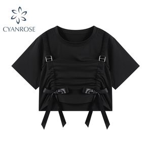 Vintage Siyah Yay Lace Up Gotik Kırpma Üst Kadın Yaz Streetwear Harajuku Nedensel Tees Kısa Kollu Goth Tişört Kız 210515