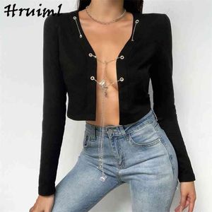 Blouses Women Casual Summer Long Sleeve Fashion Sequined Solid Short Ladies Shirts Tops Sexy Black Open Stitch High Street 210513