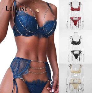 Echoine Women Sexy Bright Diamond Lace Underkläder 3 stycken Set Underkläder BH och kedja Briefs Bra och Briefs Underkläder Femme Sets X0526