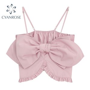 Pink Bownot Design Spaghetti Strap Tops Women Sexy Party Clubwear Bar Camisole Female Summer Elastic Sweet Cute Egirl Camis 210515