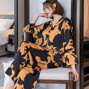 Pijama Loungewear Pijama İpek kadın Ev Giysileri İki Parçalı Setleri Nighty Bayanlar için Uzun Kollu Uyku Gömlek 211215