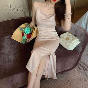 Summer Women Satin Party Sexy Spaghetti Strap Memaid Split Silk Slip Dress 210415