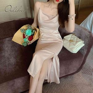 Summer Women Satin Party Seksowny Spaghetti Strap Memaid Split Silk Slip Dress 210415