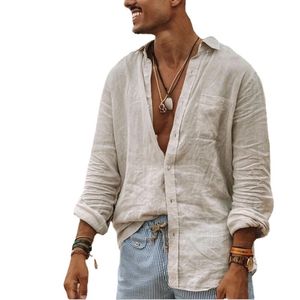 Designs Mens summer style solid color long-sleeved thin button imitation cotton linen shirt large size European casual mens s