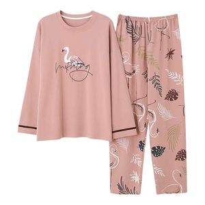 Ankomst vår 100% bomull tecknad långärmad kvinnlig pyjamas rund hals casual lös plus storlek m-5xl kvinnor pyjamas set 210928