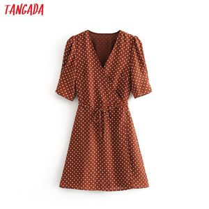 Tangada fashion women dots print chocolate dress summer short sleeve ladies elegant chiffon office dress vestidos 6M03 210609