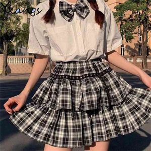 Summer Plaid Mini Cake Bouffant Lovely Skirts Women High-Waisted Harajuku Pleated Skirt Japanese Style Short 210421