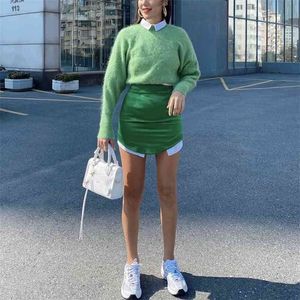 여자 우아한 녹색 슬림 새틴 짧은 스커트 봄 패션 streetwear 지퍼 미니 S 여자 Y2K 높은 허리 연필 210621