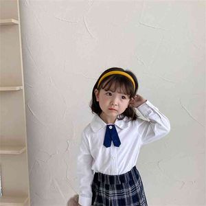 Autumn baby girls tie casual white shirts 1-7 years kids cotton all-match school long-sleeve base shirt 210708