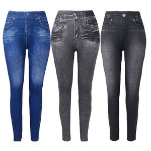 Women Fleece Lined Winter Jeggings Faux Jeans Seamless High Waist Slim Fashion Jeggings Leggings Women Fitness Pants Gym Feet