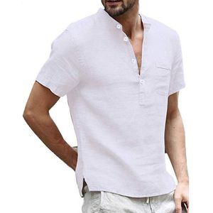 Linne skjorta mens står krage casual kortärmad casual skjortor män camisas oversized andas kinesisk stil kemise homme 210524