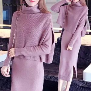 Casual Kleider 2021 Herbst Gestrickte Zwei-Stück Kleid Frauen Lange Batwing Hülse Rollkragen Büro Dame Elegante Feste Lose Arbeit anzüge