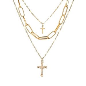 Mode Goud Kleur Metalen Kruis Kettingen Hangers Boheemse Drie Laag Gelaagde Katholieke Religieuze Christelijke Sieraden