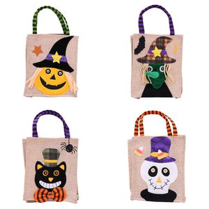 Fest Tecknad Tygpåse Presentpapper Pumpaskalle Häxa Katt Tote Spökfestival Trick Or Treat Klä upp rekvisita Halloween Barn Linne Godispåsar YL0070