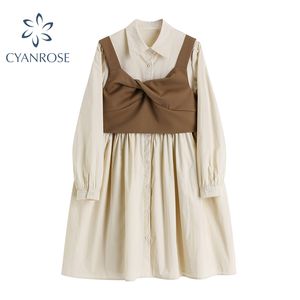 Vestido de camisa + vestido mulheres roupas coreanas elegantes streetwear vintage mori menina doce mini vestidos de verão frouxo vestidos 210417